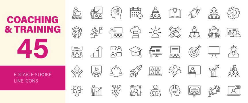 Coaching and Training  icon set. Editable line icons. Vector illustration.