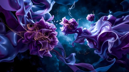 Obraz premium A bunch of purple flowers floating in the air