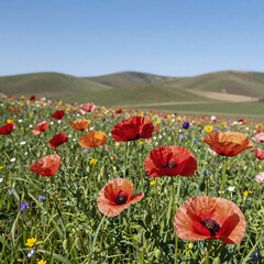 Fototapeta premium monochrome, sunny meadow with poppies and vibrant wildflowers blooming in a summer idyllic nature scene