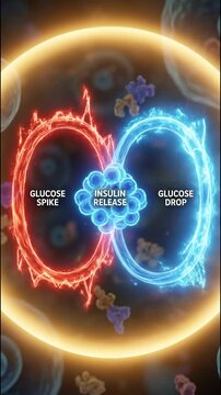 Glucose blood sugar hormone cycle insulin video concept showing glucose spike and glucose drop around insulin release balancing levels inside human cell background with energy glow vibrant medical