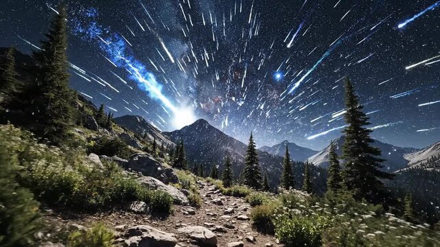 Night Mountain Trail Under Dynamic Starfall Sky.