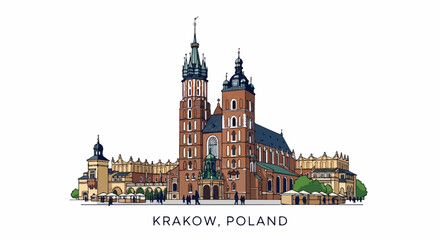 Fototapeta premium Stylized illustration of St. Mary's Basilica and market square in Krakow