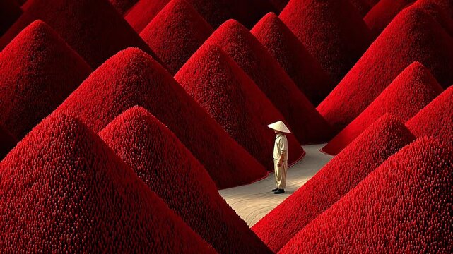 Person in conical hat amidst red mounds