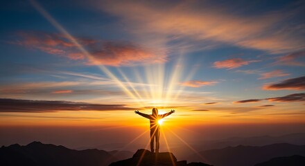 Obraz premium Silhouetted Woman Standing on Mountain Peak at Sunset