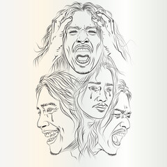 Mental Health Turmoil: Vector Art of Man Expressing Stress, Sadness, Anger & Laughter