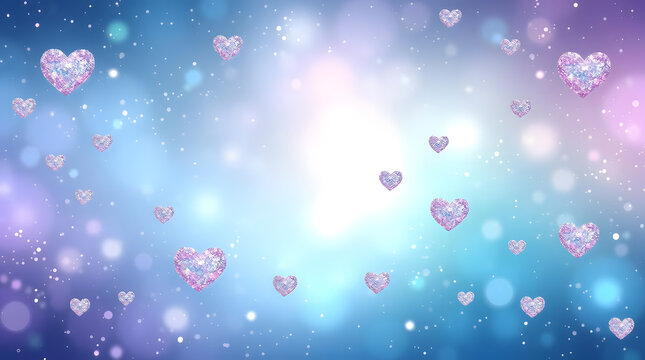 Ethereal blue and purple background with shimmering silver heart icons