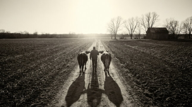 Lonely Farmer Walking with Cows on Dirt Road at Sunset