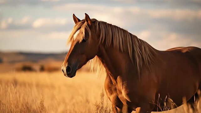 Horse standing in field. Wonderful young stallion on sunny day. Single brown herbivore outdoor. Generative AI