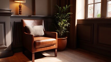 Fototapeta premium A richly textured brown leather armchair bathed in warm sunlight situated in a classic cozy interior with a vibrant potted plant and wooden floors