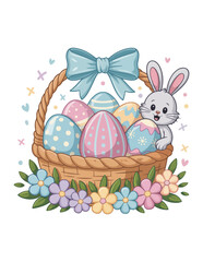 A charming illustration of a basket filled with colorful easter eggs and a cute bunny