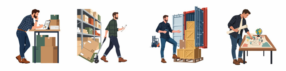 Diverse logistics and supply chain operations, featuring a man managing inventory, shipping, and global distribution strategy, illustrating efficient warehouse management and cargo transport. © Payandu
