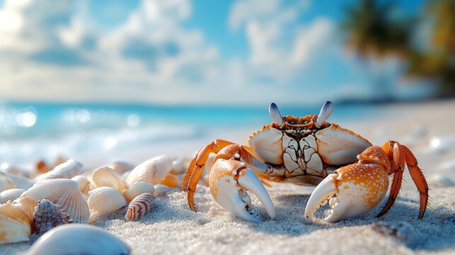 A crab is on the beach next to some shells. The crab is small and brown. The beach is calm and peaceful