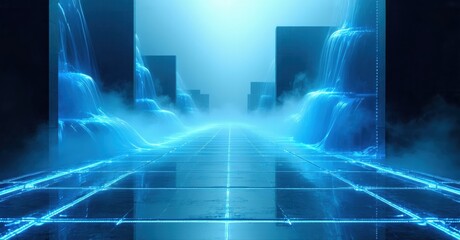 Fototapeta premium Futuristic corridor glows with vibrant blue light. Grid floor extends into foggy distance, creating digital landscape.