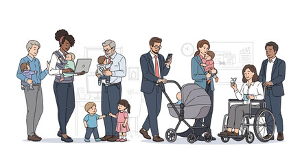 Obraz premium Diverse Working Parents Balancing Career and Family Life in a Modern and Inclusive Workplace Illustration