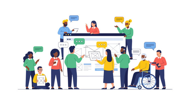 Diverse Team Collaborating on Web Design and UX/UI Development. Inclusive Brainstorming for Digital Product Strategy.