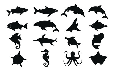 Collection of black ocean animal silhouettes on white background marine life icons © loveley0190