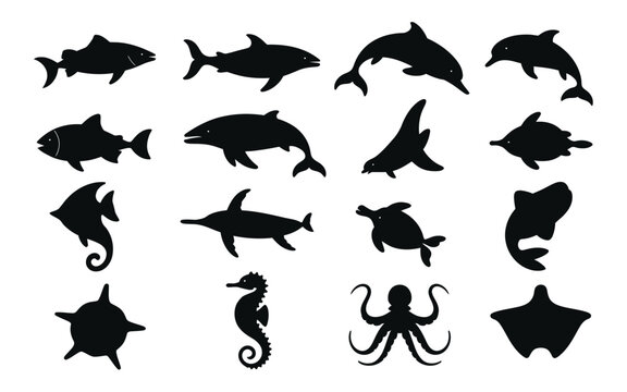 Collection of black ocean animal silhouettes on white background marine life icons