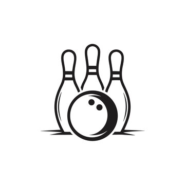 A monochrome bowling ball stands before seven pins in a striking composition