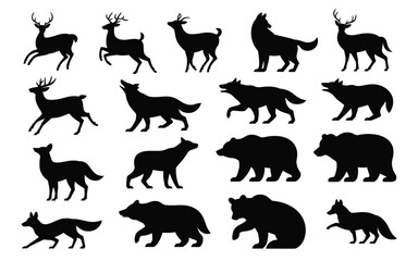 Obraz premium Collection of black silhouettes of forest animals including deer wolves bears and foxes on white background