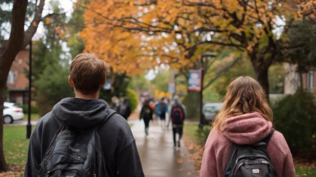 Autumn Stroll: A pair of students amble down a tree-lined path, their backs to the camera, as the warm hues of autumn leaves create a picturesque backdrop. Capturing the spirit of campus life.