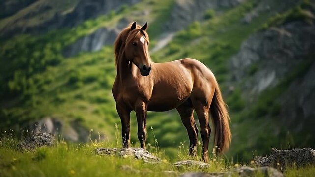 Horse standing at nature on the rocks. Young brown herbivore stallion outdoor. Beautiful animal with mane. Generative AI