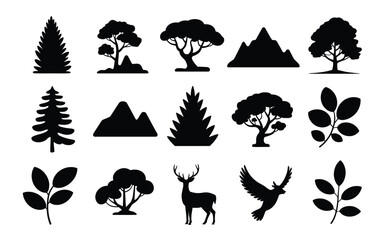 Collection of black silhouettes featuring trees mountains deer bird and leaves on white background for nature and environment concepts