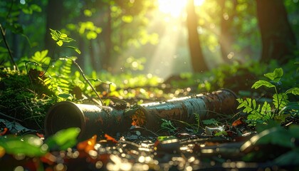 Detailed photographic capture of discarded medical tubing tangled with natural debris on a woodland floor under dappled forest light, evoking environmental concerns.
