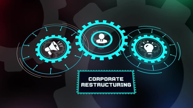 Modern corporate restructuring and digital transformation concept using blue glowing gears and organizational icons.