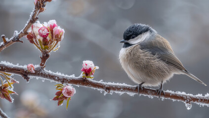 Obraz premium 薄霜の朝に梅の枝で羽を膨らませるメジロを幻想的に捉える