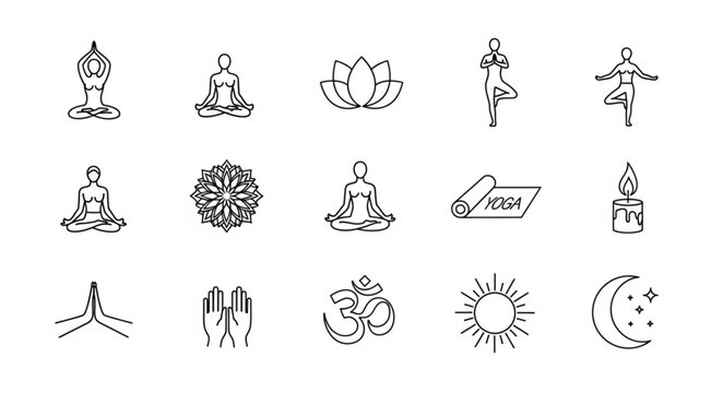 Yoga Icons Set Meditation Lotus Flower Sun Moon Om Symbol.