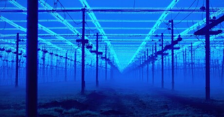 Fototapeta premium Blue toned image depicts rows vineyard posts, wires extending into distance. Foggy atmosphere creates surreal perspective. Minimalist composition.