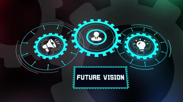 Innovative future vision and digital transformation background featuring glowing gears and strategic foresight icons.
