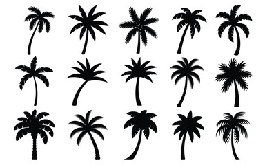 Fototapeta premium Collection of black palm tree silhouettes on white background tropical plants various shapes and sizes