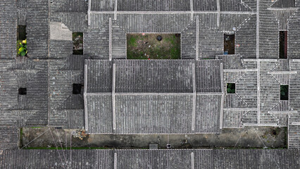 Aerial view of traditional courtyard houses in Yongchun County, Quanzhou, Fujian Province