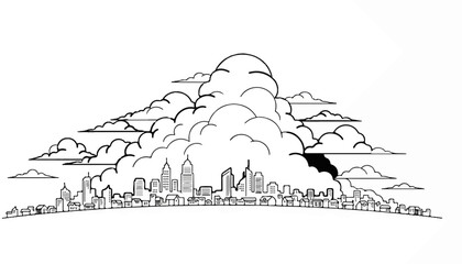 Fototapeta premium Stylized cityscape with dramatic clouds overhead, black and white line art