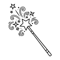 A black and white drawing of a magic wand with stars © Madical