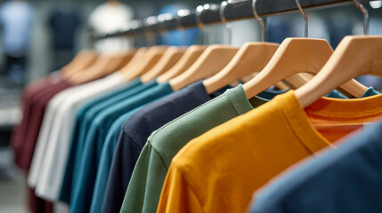Fototapeta premium Colorful shirts hang on wooden hangers in a clothing store during a busy shopping day