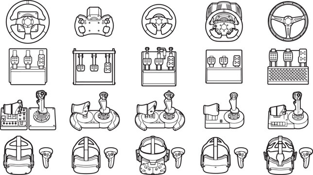 Gaming gear collection, showcasing steering wheels, flight sticks, pedals, and VR headsets, highlighting technology and interactive gaming experiences.