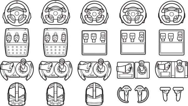 An illustration of various racing game accessories and equipment, steering wheels, gear shifters, joysticks, all in simple black line art, suitable for digital projects.