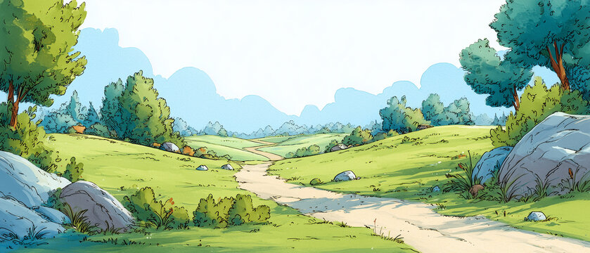 やわらかな草原と小道が広がる背景イラスト素材