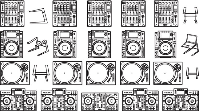 DJ equipment collection of various mixers, turntables, and sound systems, meticulously arranged in a high-contrast monochromatic design.