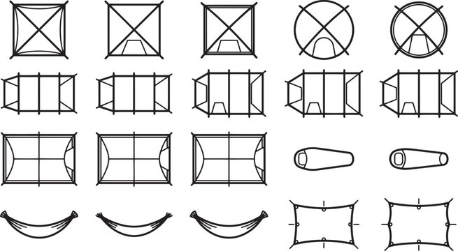 Diverse collection of tent silhouettes, ideal for outdoor travel, camping, and adventure themes. Simple, clean, and adaptable designs for various needs.