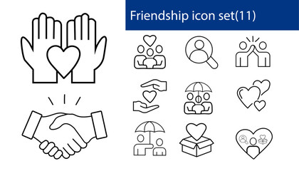 Obraz premium Friendship Line Icon Set, Handshake Love Care Support Symbols, Community and Relationship Outline Vector Collection