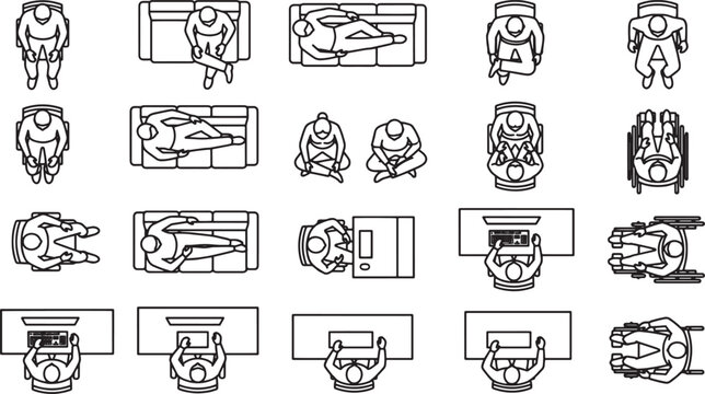 Top-Down Architectural Drawings of Individuals in Various Activities, with people icons showing different states.