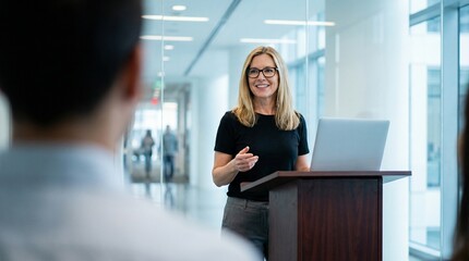 Obraz premium Confident woman giving professional presentation at podium in modern office building, smiling and engaging audience with laptop and glass walls visible