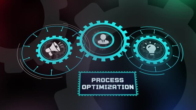 Business process optimization and digital transformation background with glowing cyan gears and tech elements.