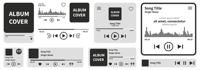 Music player interface mockup collection. Album cover and audio controls layout. Minimal monochrome UI set