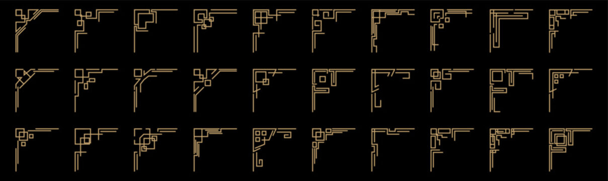 Geometric corner frames collection in gold line style. Decorative art deco border elements. Elegant vintage design set