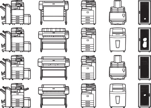 Various office equipment arranged in rows, including photocopiers, plotters, and shredders, offering a visual representation of office functionality.