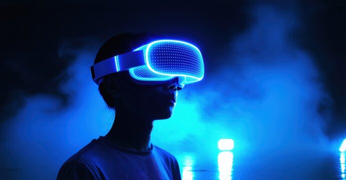 Person wearing futuristic glowing visor. Blue lighting creates dramatic effect. Focus on technology, innovation, modern style.
